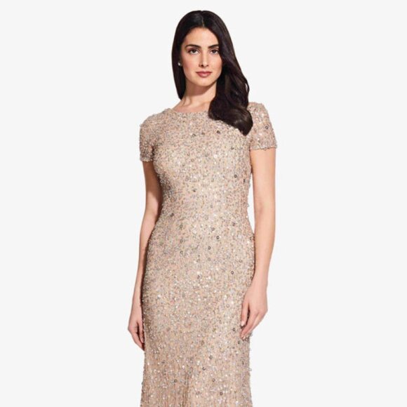 NWOT Adrianna Pappell Sequin Scoop Back Gown in Champagne Size US 14 - Picture 1 of 14